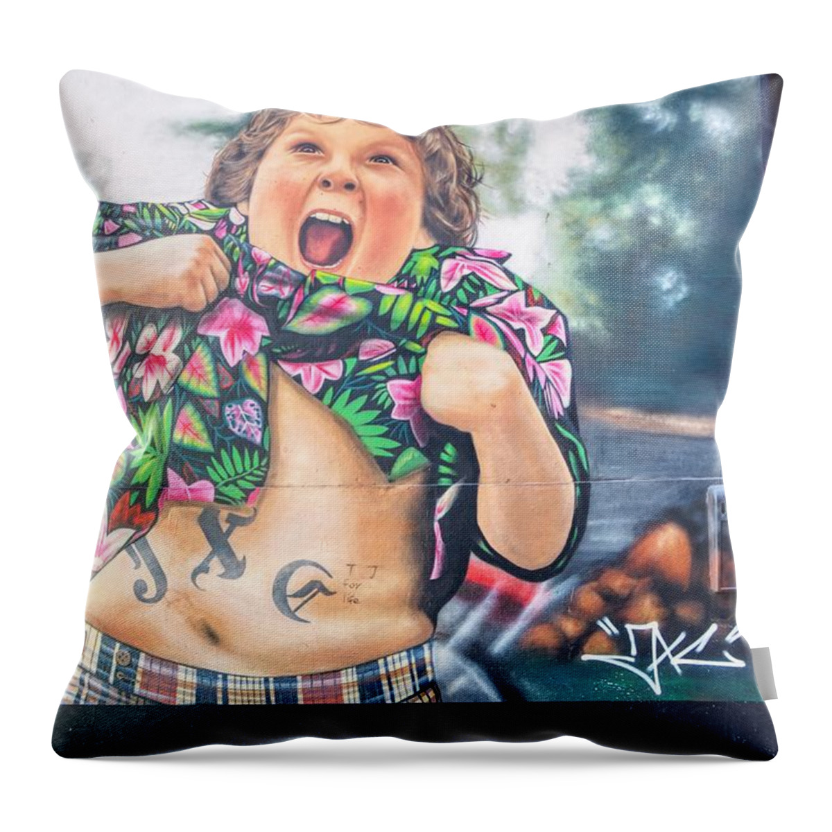 Graffiti Art Painting Throw Pillow featuring the photograph Graffiti art painting of Chunk from the Goonies by Raymond Hill