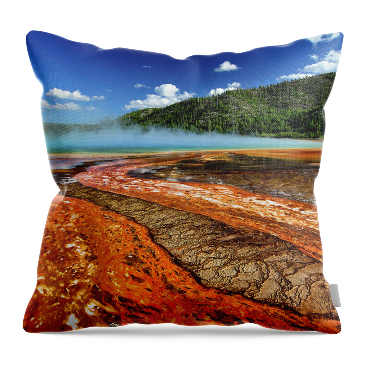 Tranquility Throw Pillow featuring the photograph Grand Prismatic Spring And Mountain by Noppawat Tom Charoensinphon