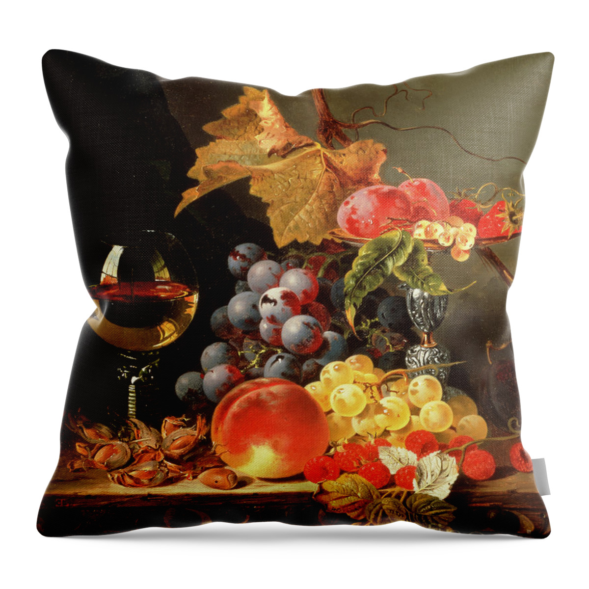 19th Century Throw Pillow featuring the painting Grapes, Plums, White Currants, Strawberries With Wine On A Wooden Ledge by Edward Ladell