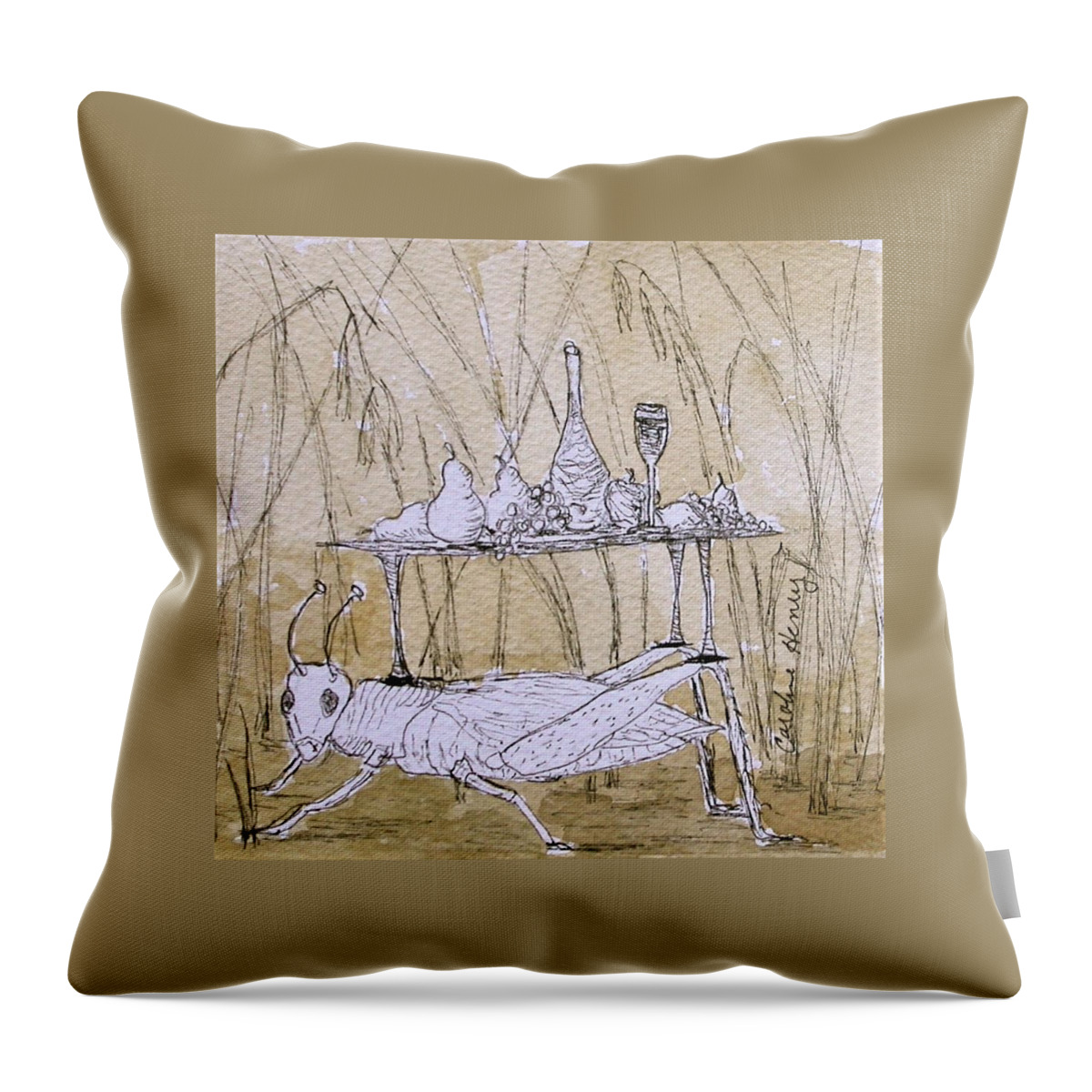 Surreal Throw Pillow featuring the drawing Grasshopper Picnic by Caroline Henry
