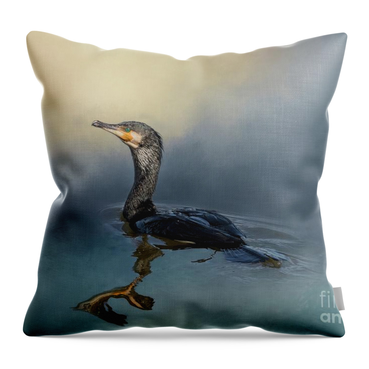 Great Cormorant Throw Pillow featuring the mixed media Great Cormorant Swimming by Eva Lechner