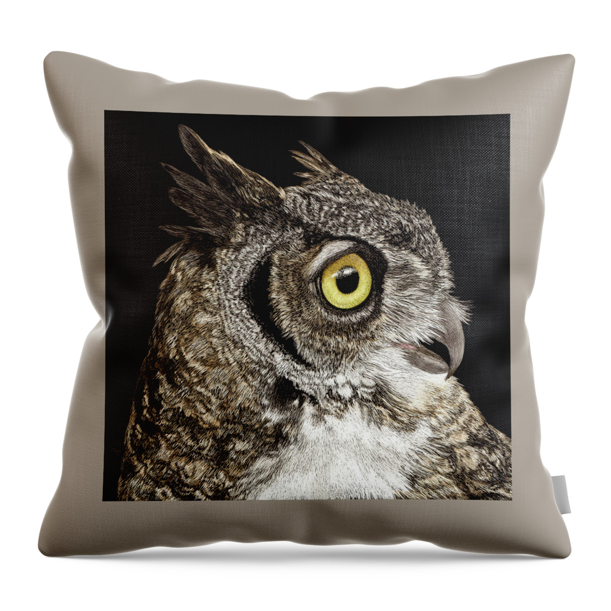 Owl Throw Pillow featuring the drawing Great-horned Owl by Ann Ranlett