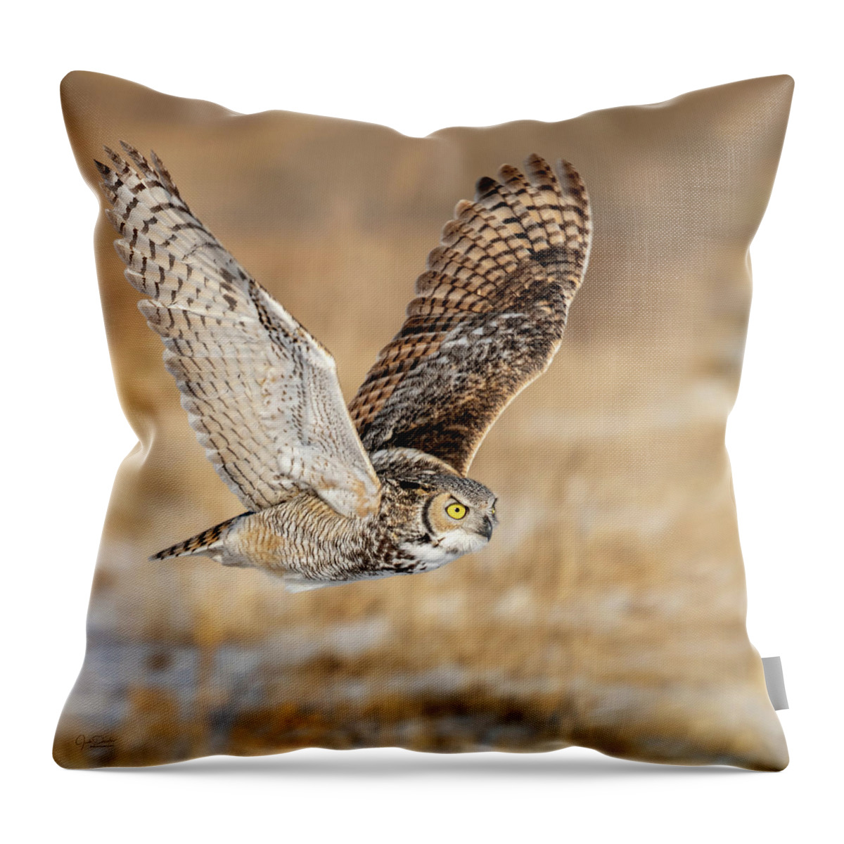 Great Horned Owl Throw Pillow featuring the photograph Great Horned Owl in Flight by Judi Dressler