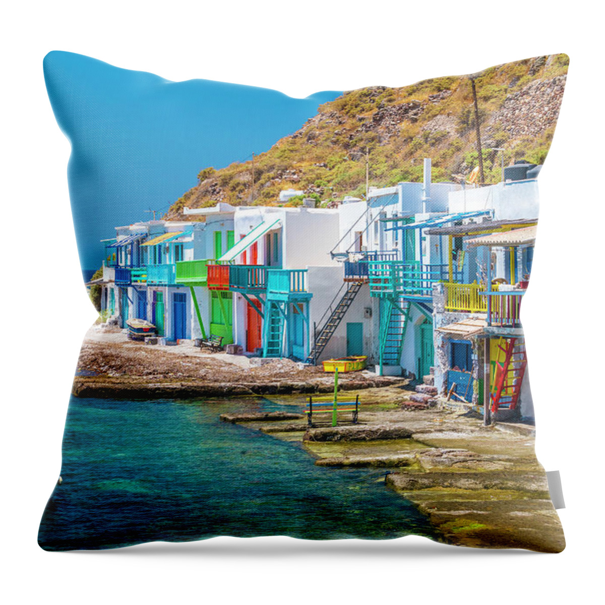 Estock Throw Pillow featuring the digital art Greece, Aegean Islands, Cyclades, Milos Island, Mediterranean Sea, Aegean Sea, Greek Islands, The Tiny Village Of Klima With Traditional Two-story Fishermen Houses by Giorgio Filippini