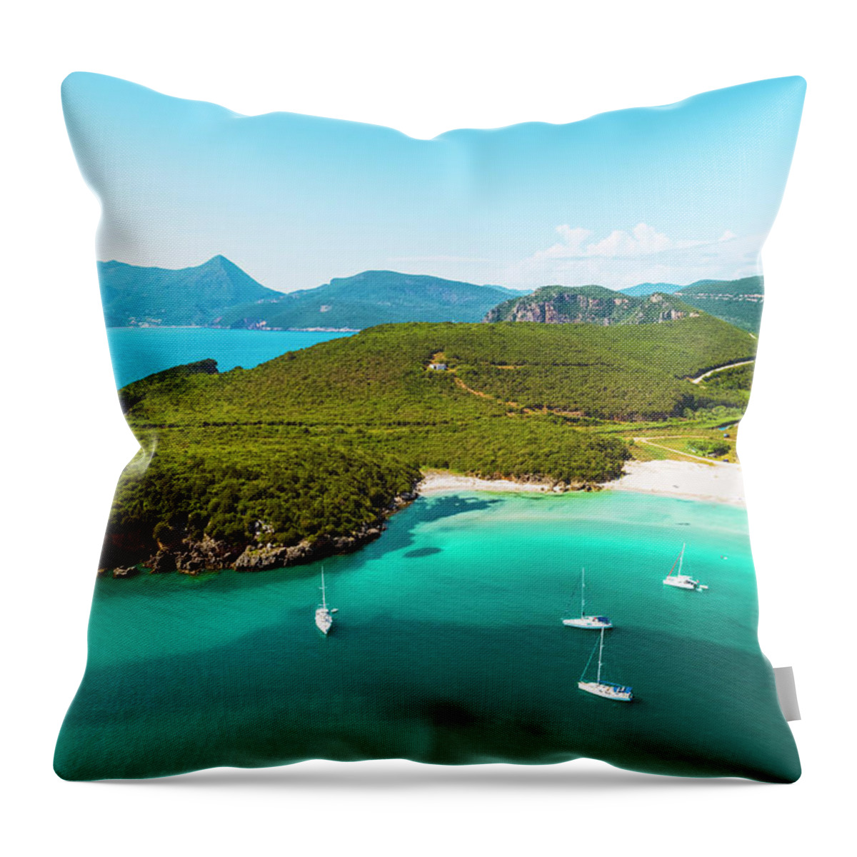 Estock Throw Pillow featuring the digital art Greece, Epirus, Preveza, Mediterranean Sea, Aerial View Of Nicos Beach In Ammoudia With Sailing Boats, A Small Fishing Village by Armand Ahmed Tamboly