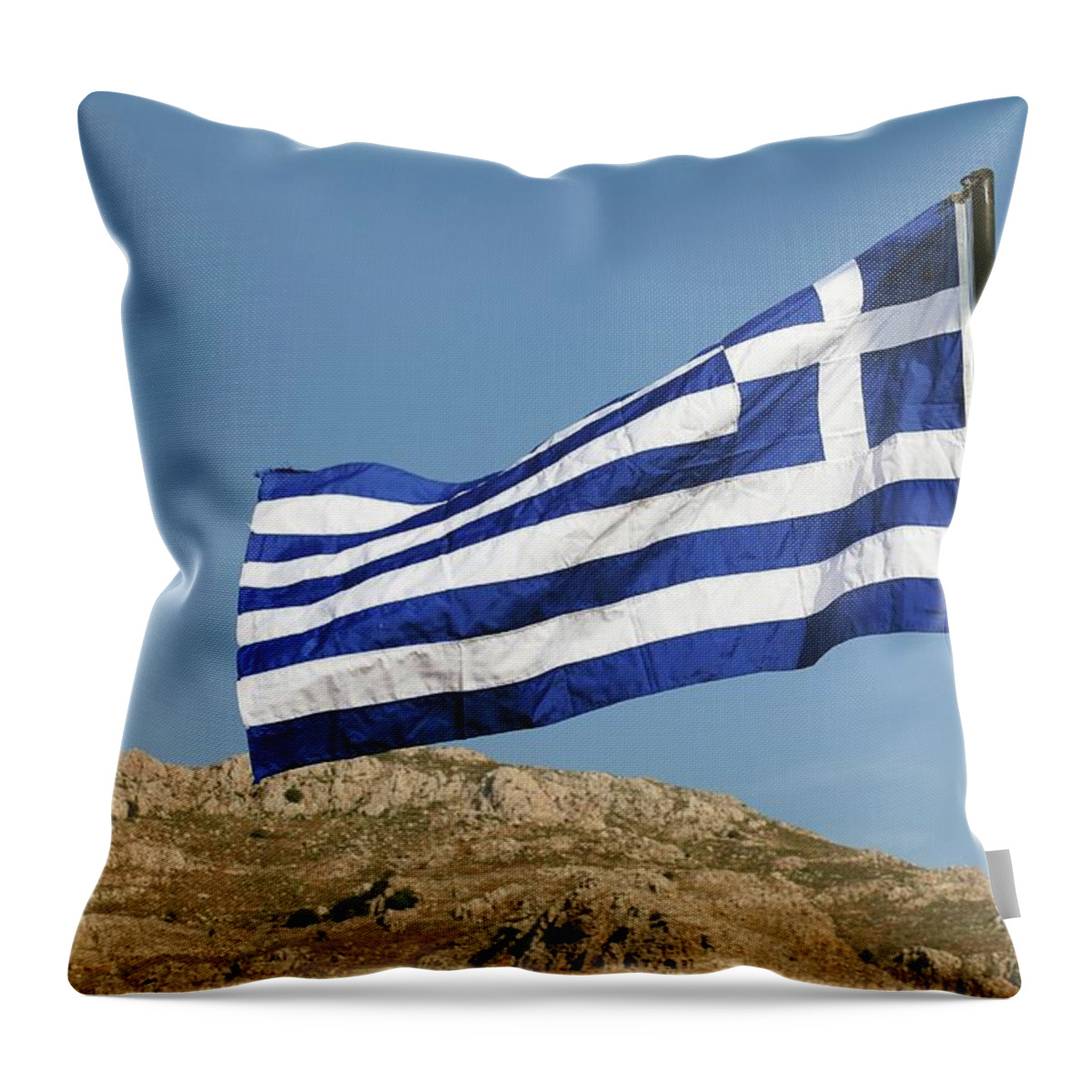 Greek Throw Pillow featuring the photograph Greek flag on Tilos island by David Fowler