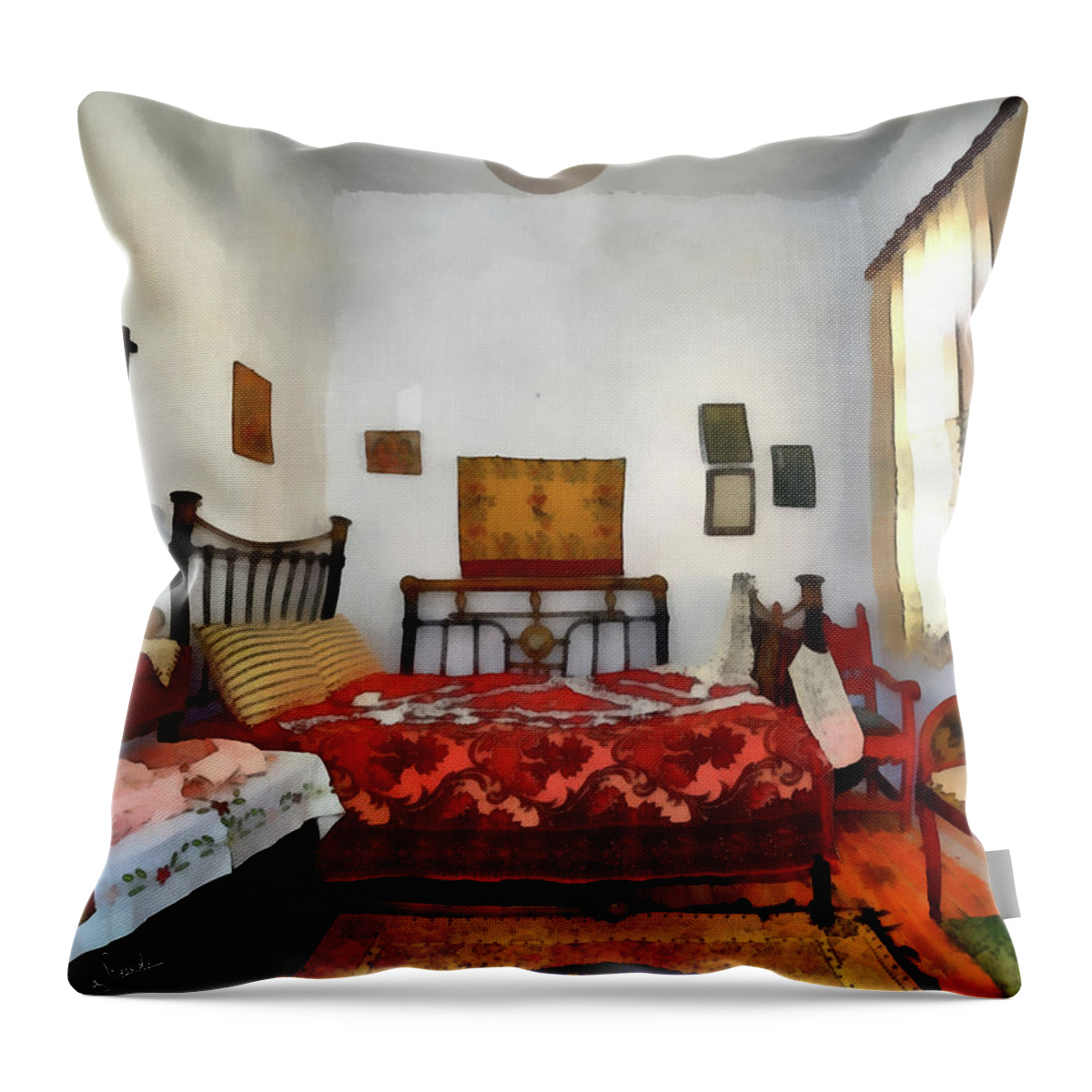 Greek House Traditional Bedroom Throw Pillow featuring the painting Greek house traditional bedroom by George Rossidis