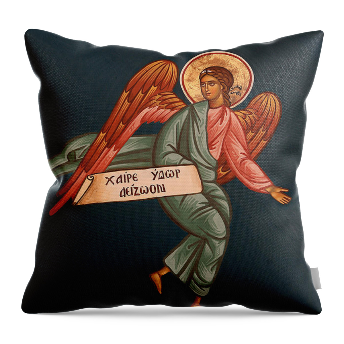 Greek Orthodox Fresco Detail Depicting An Angel Thessalonique Grece Throw Pillow featuring the photograph Greek Orthodox Fresco Detail Depicting An Angel Thessalonique Grece by Greek School