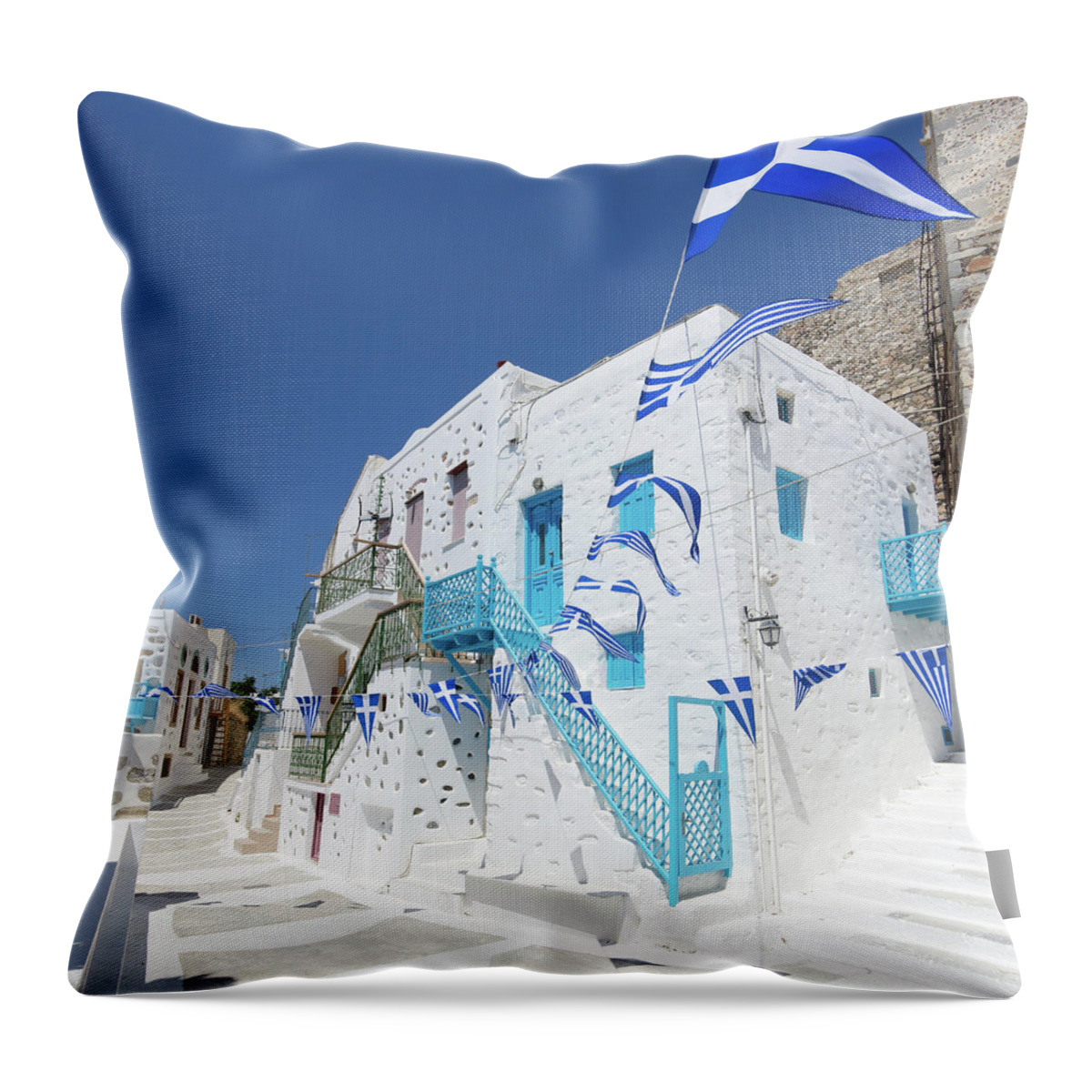 Greek Culture Throw Pillow featuring the photograph Greek Pennant Flags Waving In Breeze On by Abzee