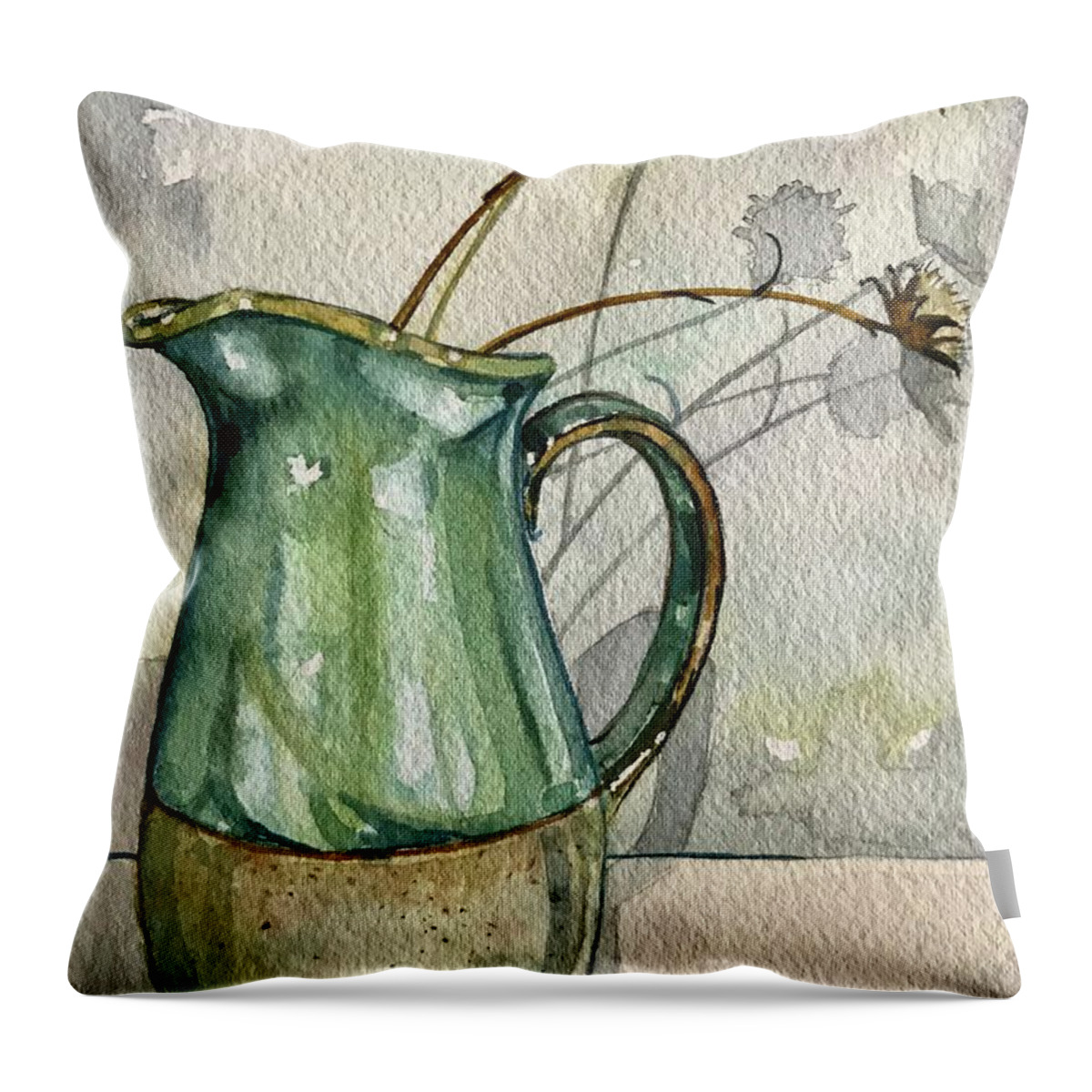 Jug Throw Pillow featuring the painting Green Jug by Luisa Millicent