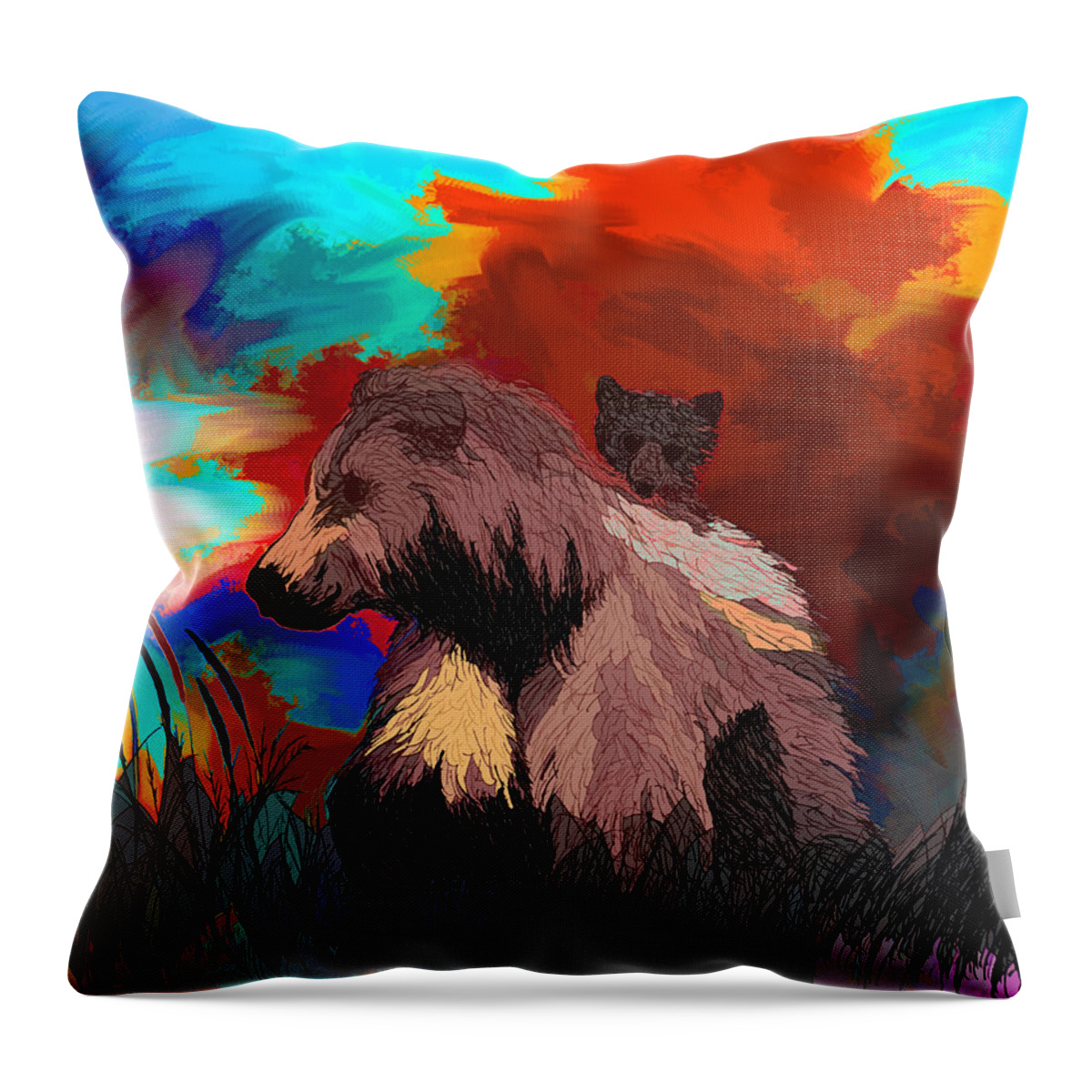 Bear Throw Pillow featuring the drawing Grizzly Mama bear with cub 3 by Abstract Angel Artist Stephen K