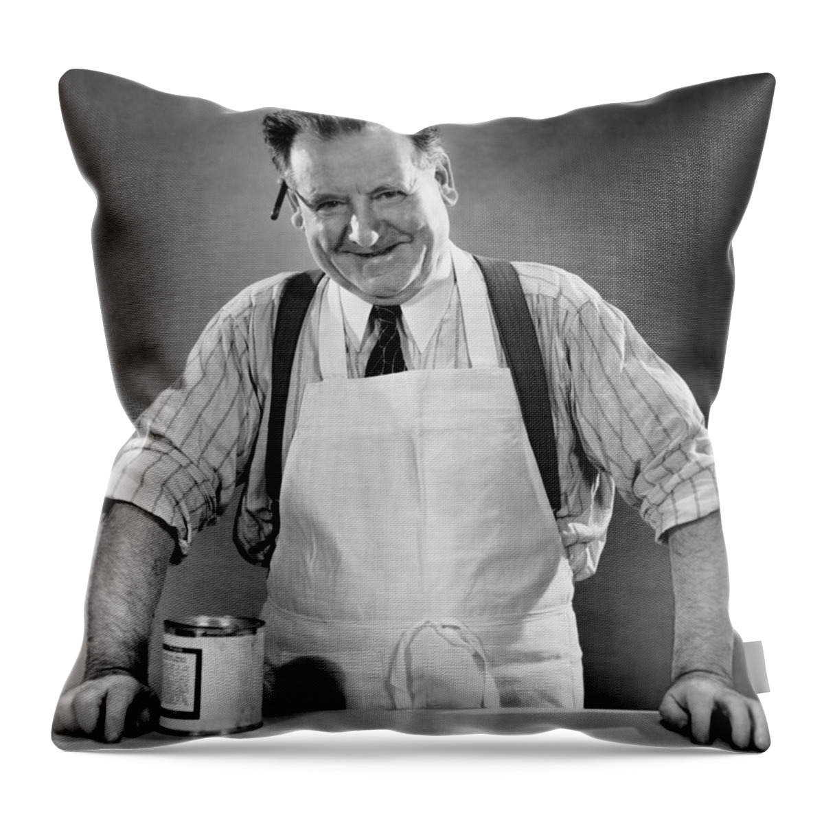 People Throw Pillow featuring the photograph Grocery Store Salesman Wcan On Counter by George Marks