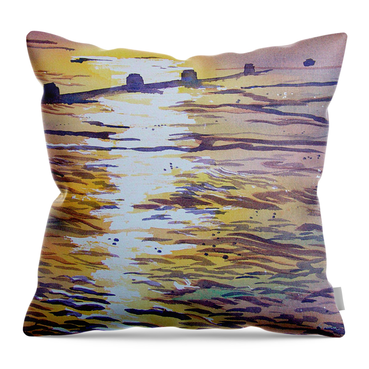 Glenn Marshall Artist Throw Pillow featuring the painting Groynes and Glare by Glenn Marshall