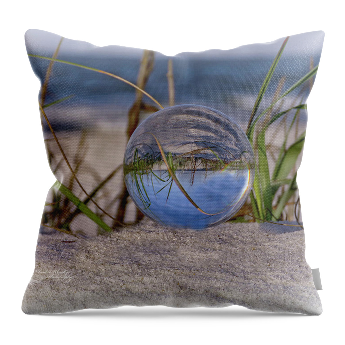 Lens Ball Throw Pillow featuring the photograph Had a Ball at the Beach V - Glass in the Grass by Denise Winship