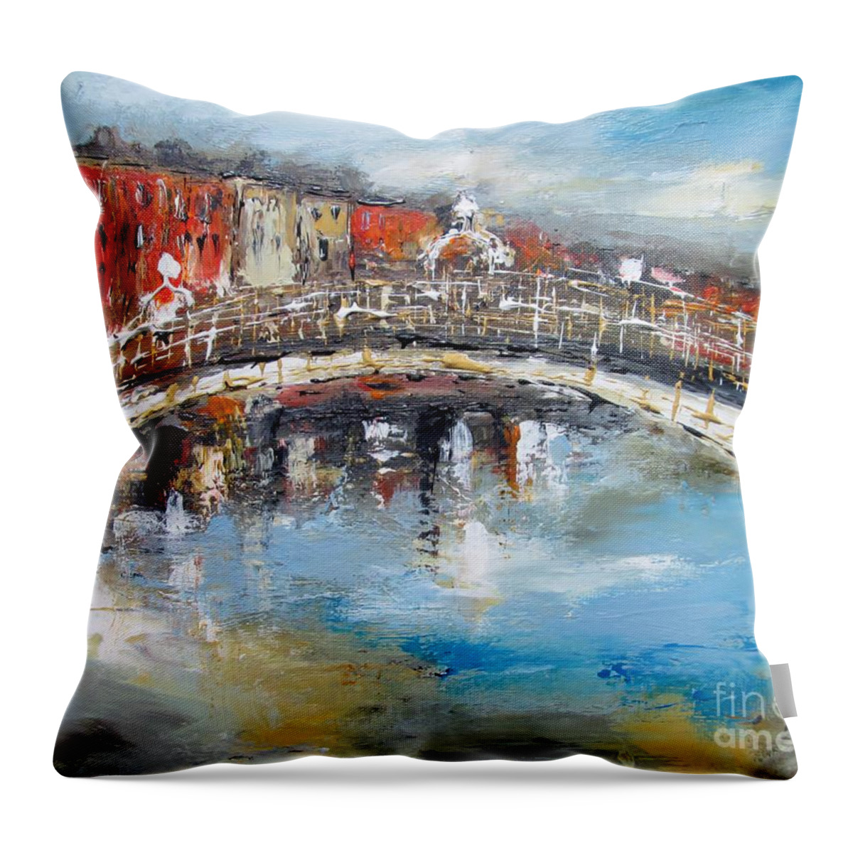 Dublin Bridge Throw Pillow featuring the painting Painting of halfpenny bridge dublin by Mary Cahalan Lee - aka PIXI