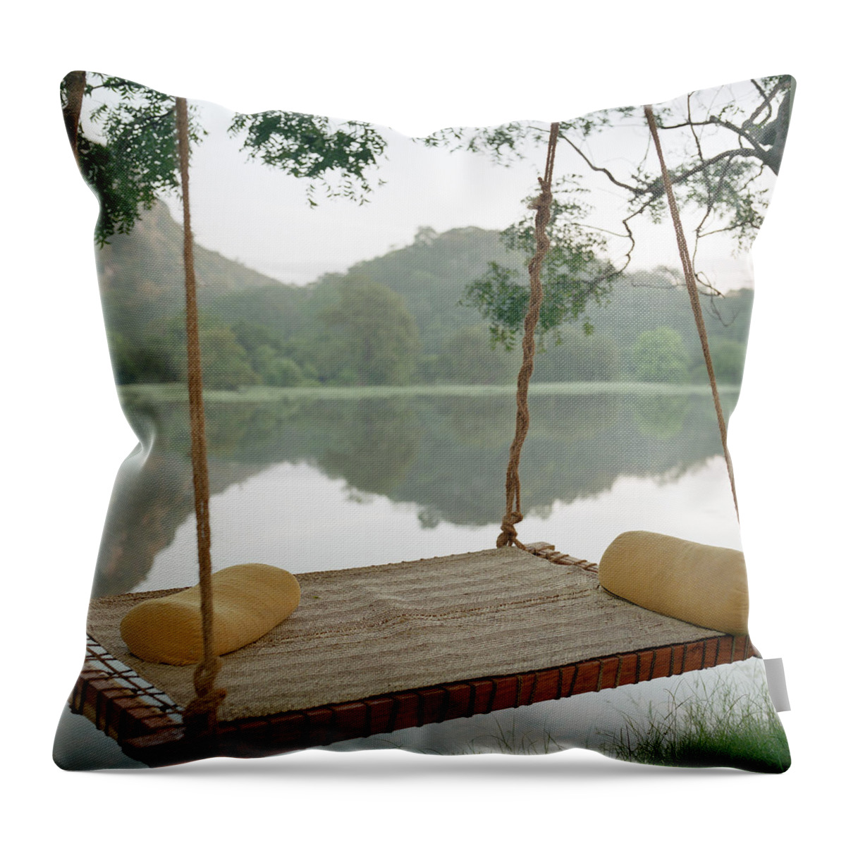 Tranquility Throw Pillow featuring the photograph Hammock On Tree By Still Rural Lake by Laurie Castelli