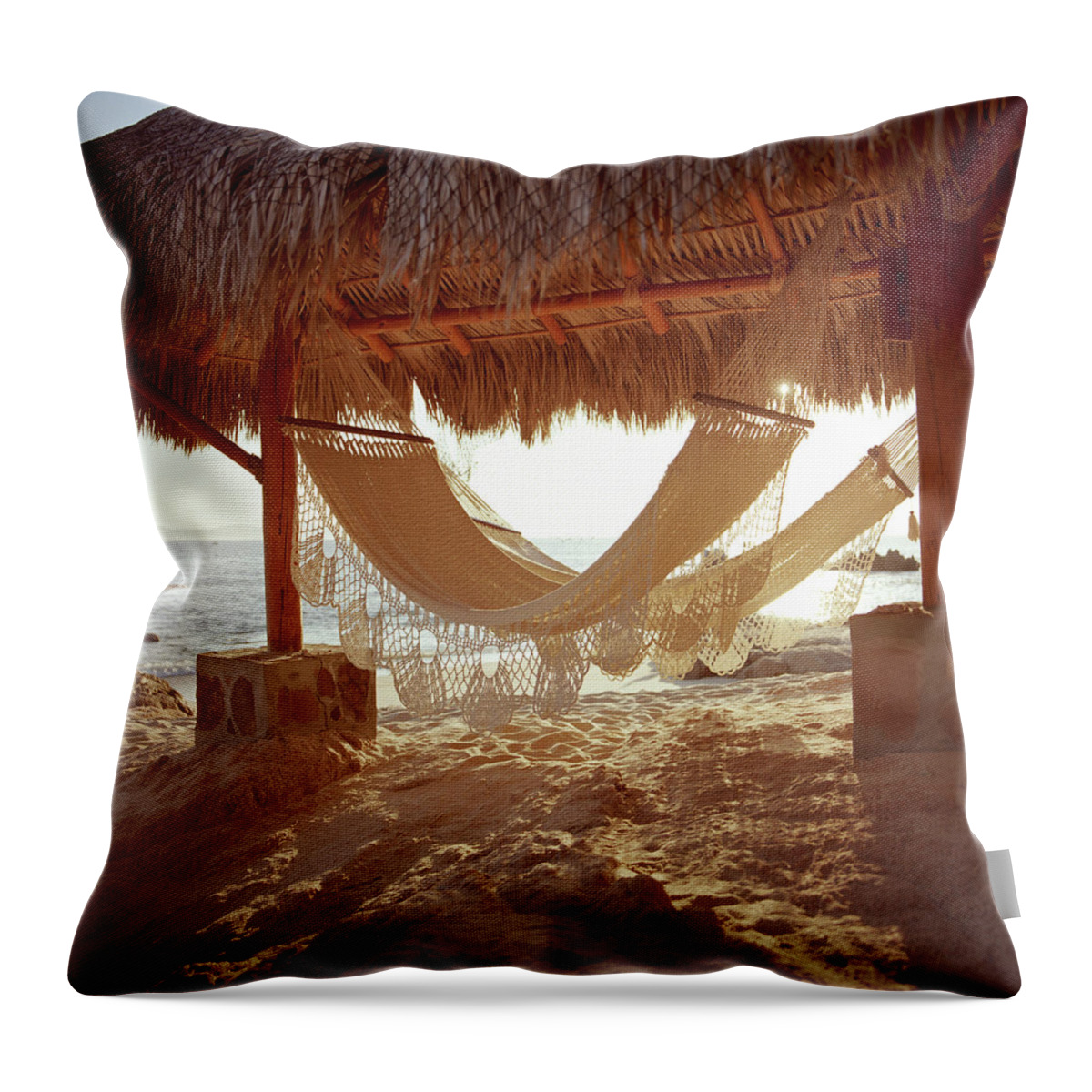 Beach Hut Throw Pillow featuring the photograph Hammocks In Beach Hut by Paul Taylor