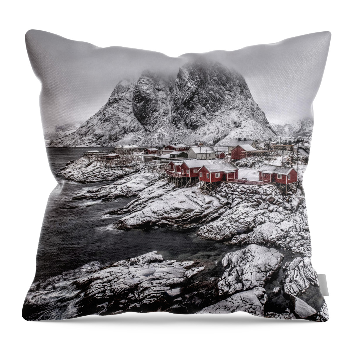 Hamnoy Throw Pillow featuring the photograph Hamnoy Snow Scene by Roberta Kayne