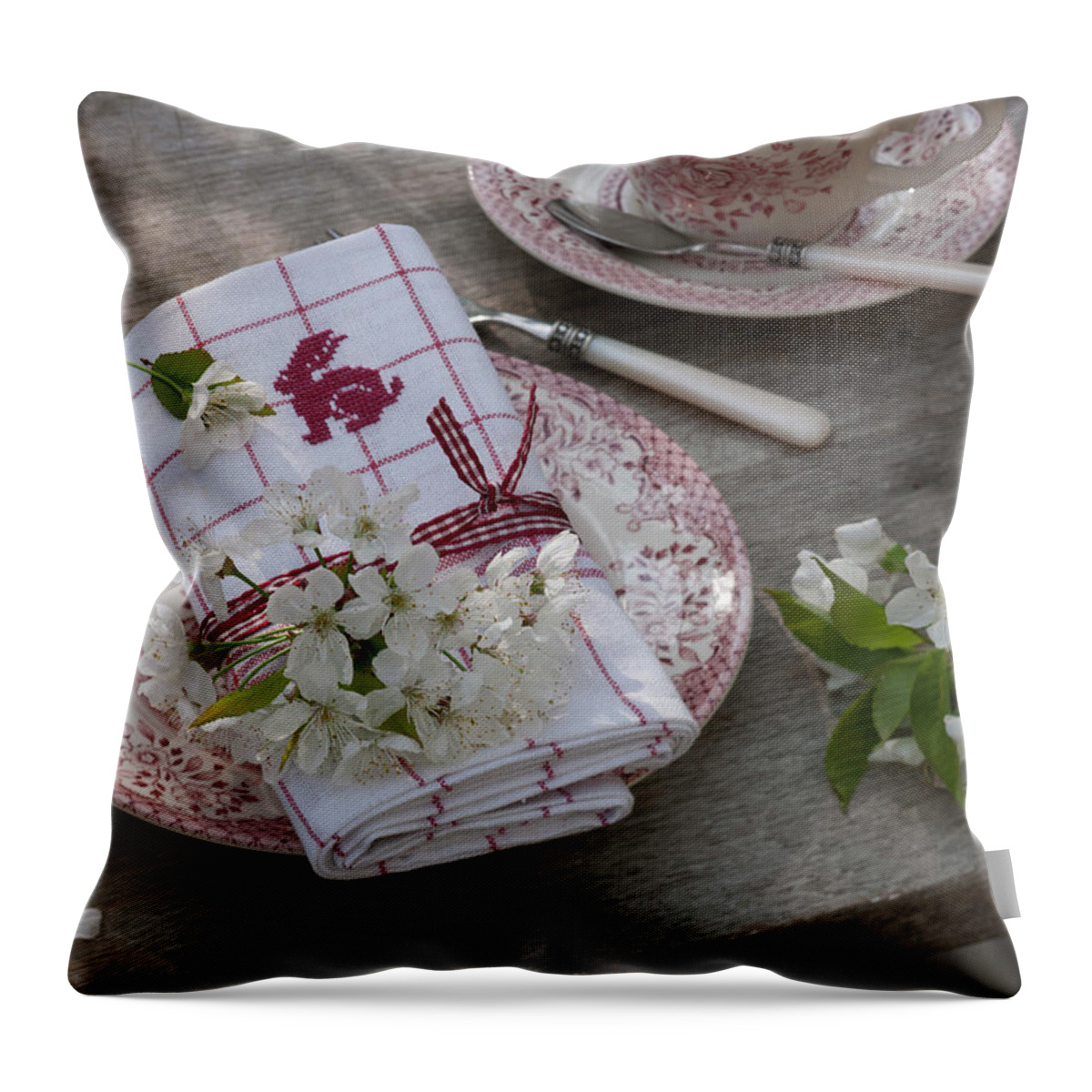 Ip_12156100 Throw Pillow featuring the photograph Hand-embroidered Tea Towel Folded As A Napkin by Friedrich Strauss