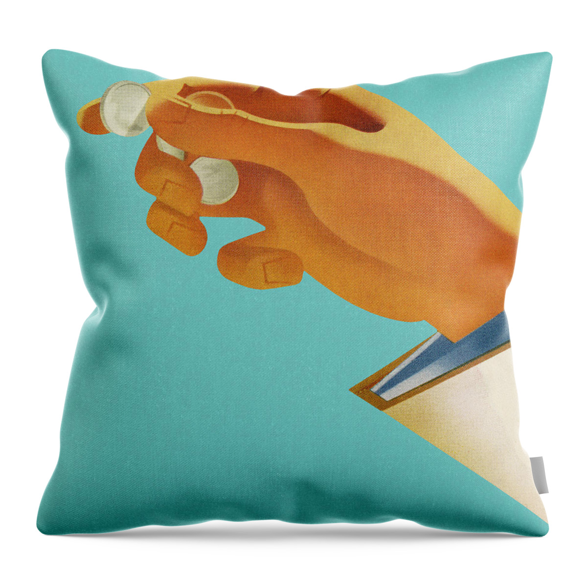 Blue Background Throw Pillow featuring the drawing Hand Holding Coins by CSA Images