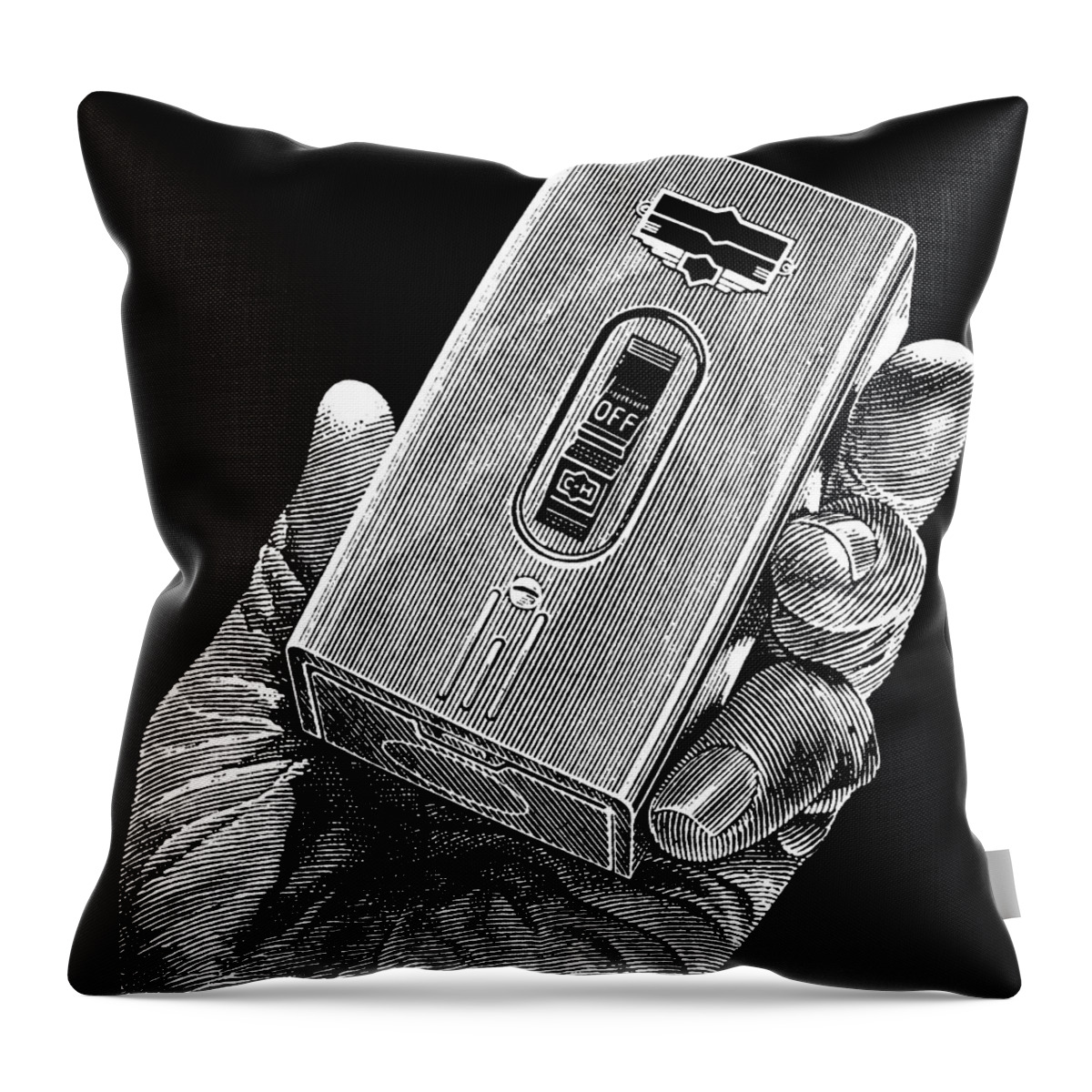 Black And White Throw Pillow featuring the drawing Hand Holding On/Off Switch by CSA Images