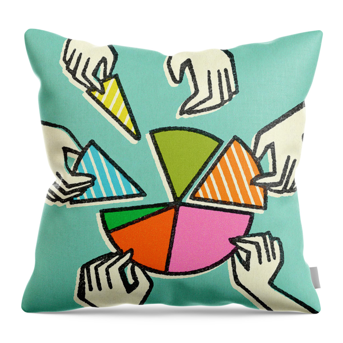 Blue Background Throw Pillow featuring the drawing Hands Taking Pieces of a Pie Chart by CSA Images