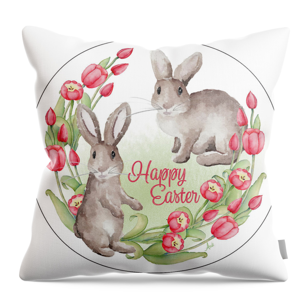 Happy Throw Pillow featuring the mixed media Happy Easter Bunnies (circle) by Andi Metz