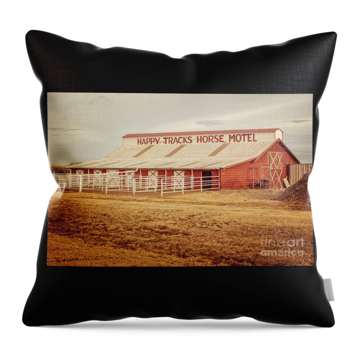 Happy Tracks Horse Motel Throw Pillow featuring the photograph Happy Tracks Horse Motel by Imagery by Charly