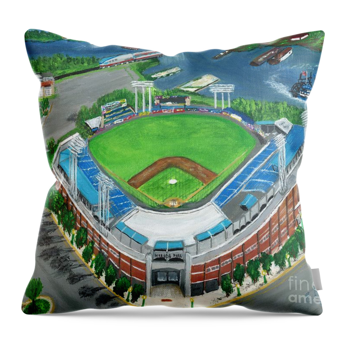 Harbor Park Throw Pillow featuring the painting Harbor Park on the River by Elizabeth Mauldin