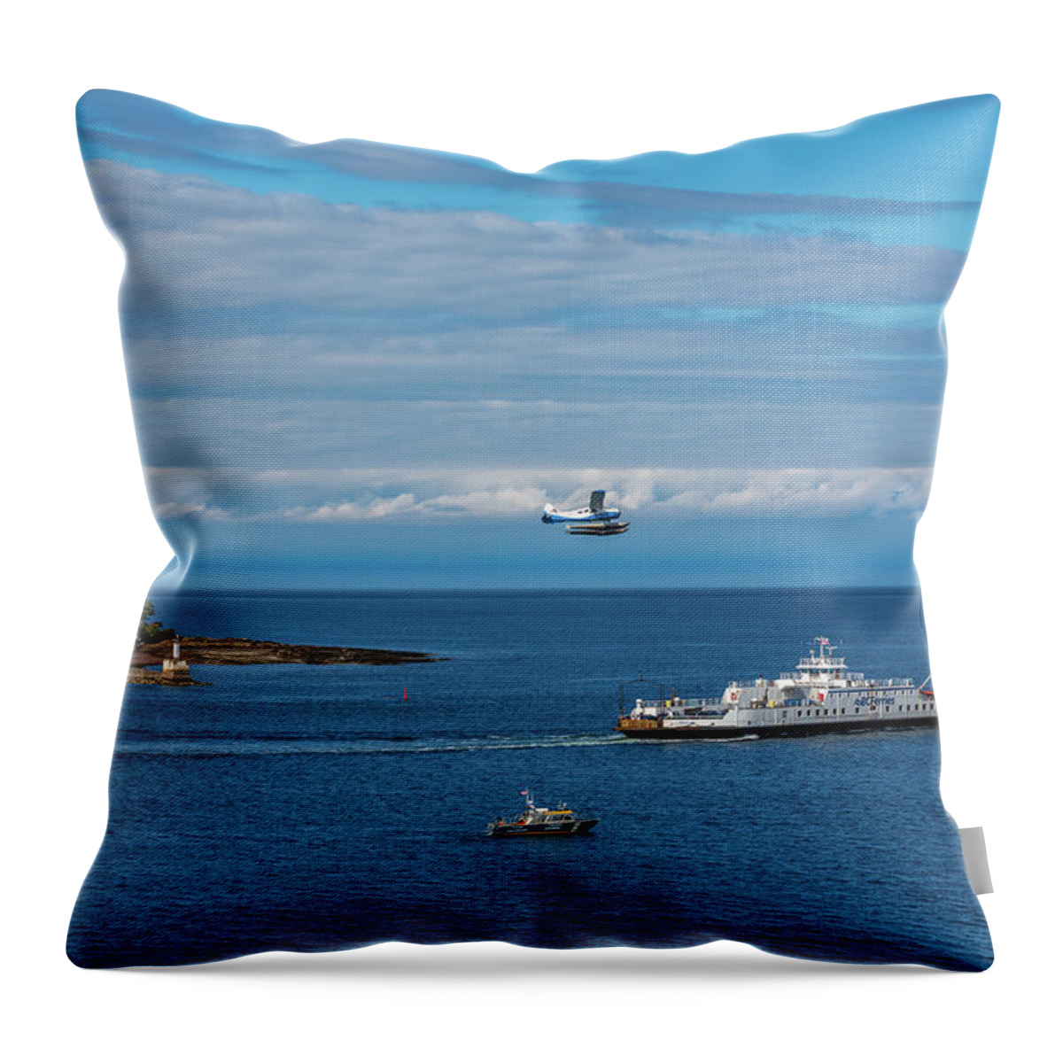 Bc Ferries Throw Pillow featuring the photograph Harbor Patrol Sea Plane and Ferry by Darryl Brooks