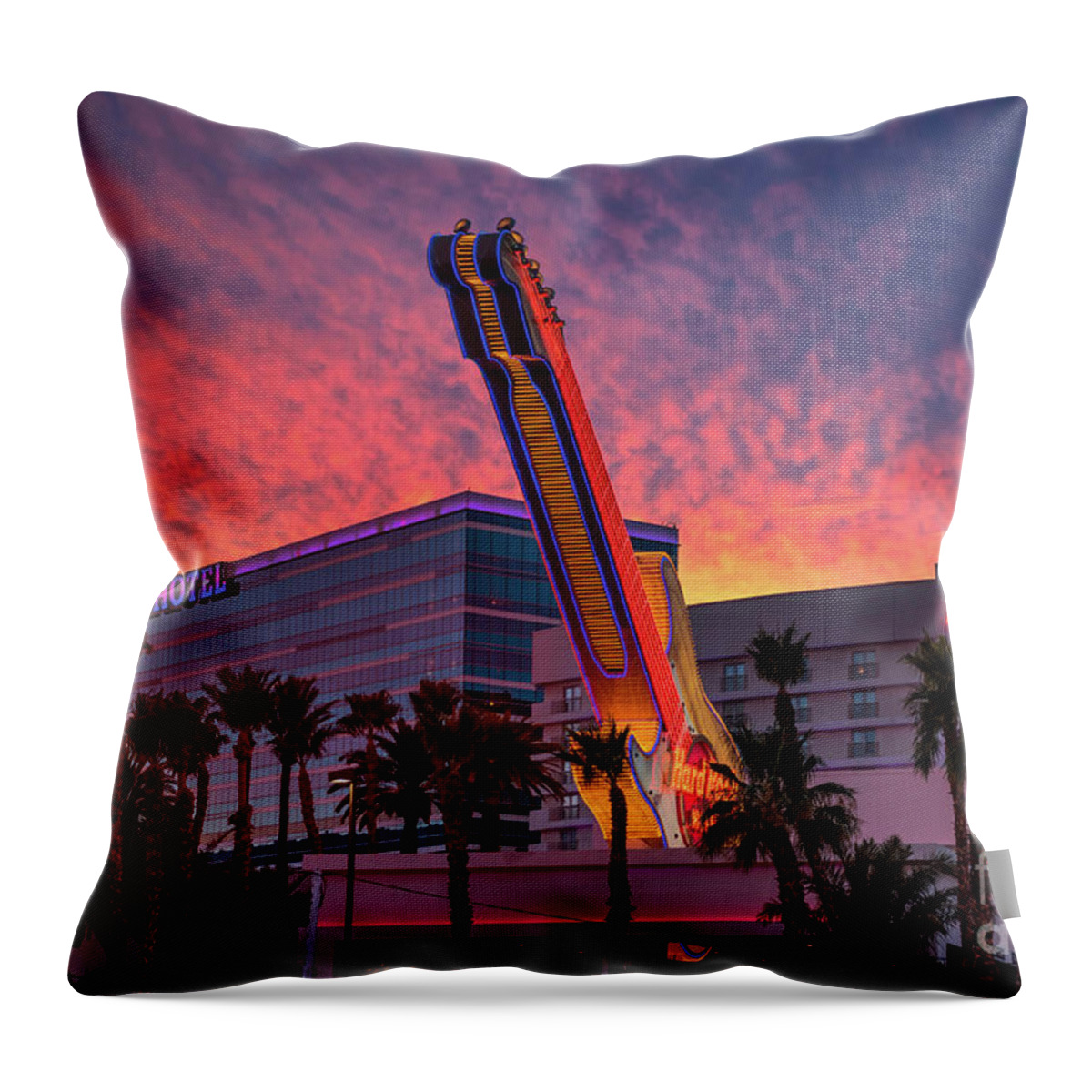 Las Vegas Strip Throw Pillow featuring the photograph Hard Rock Hotel and Casino at Sunset by Aloha Art