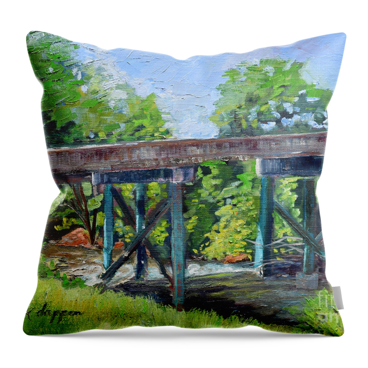 Bridge Throw Pillow featuring the painting Harrison Park Bridge-Ellijay River - Sun Peeking Under by Jan Dappen