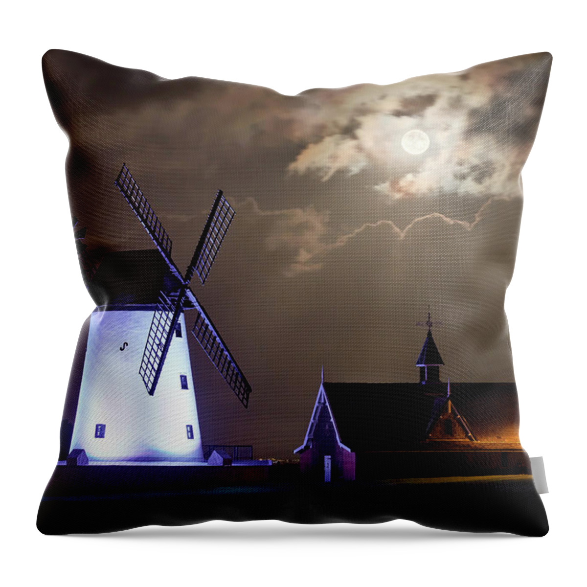 Landscape Throw Pillow featuring the photograph Harvest Moon over Lytham Windmill, Lytham St Annes by Andrew Stannard