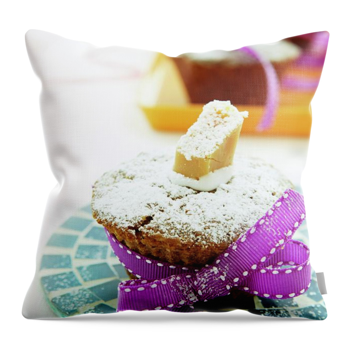 Ip_11200764 Throw Pillow featuring the photograph Hazelnut And Toffee Muffin With Icing Sugar, As A Gift by Kirchherr, Jo