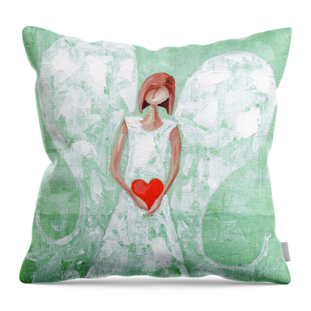 Angel Throw Pillow featuring the painting Heard on High Angel - mint green heart by Annie Troe