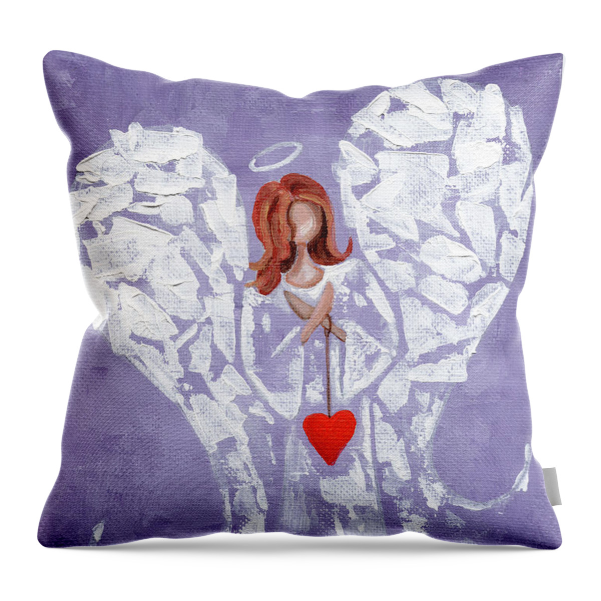 Angel Throw Pillow featuring the painting Heard on High Angel - purple heart by Annie Troe