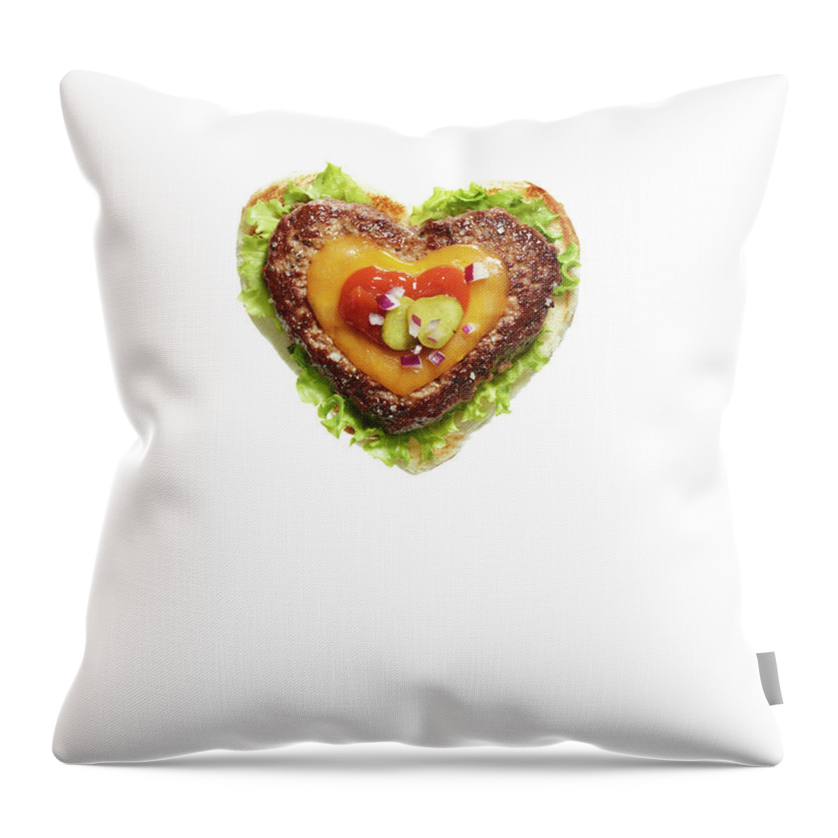 Cheese Throw Pillow featuring the photograph Heart Shaped Cheese Burger On White by Maren Caruso