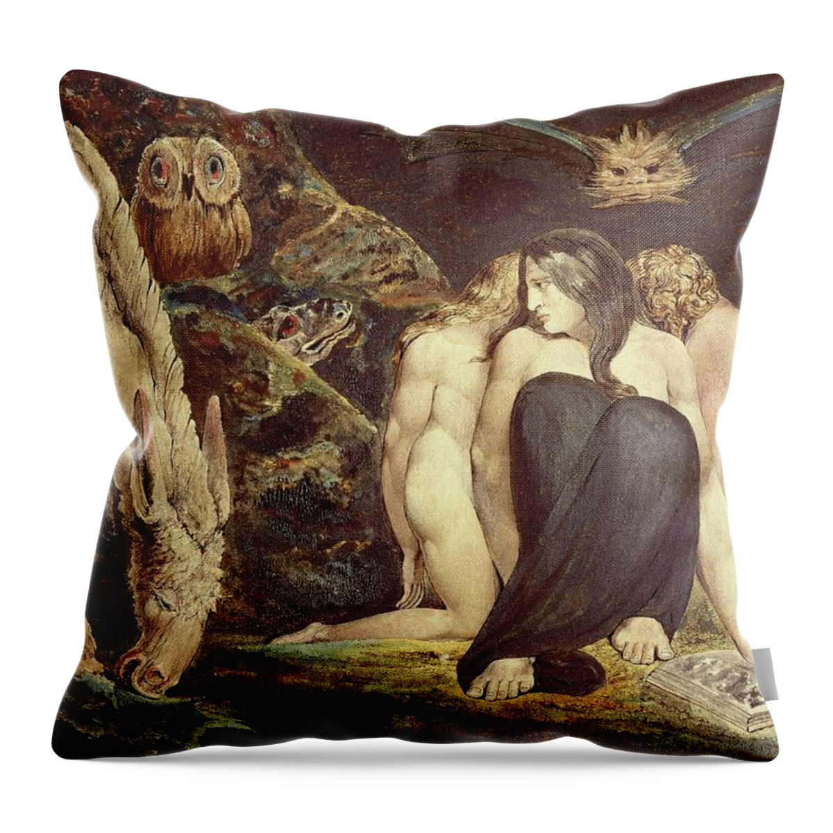 William Blake Throw Pillow featuring the painting Hecate. 43.8 x 58.1 cm -ca. 1795- Cat. N 5056. by William Blake -1757-1827-