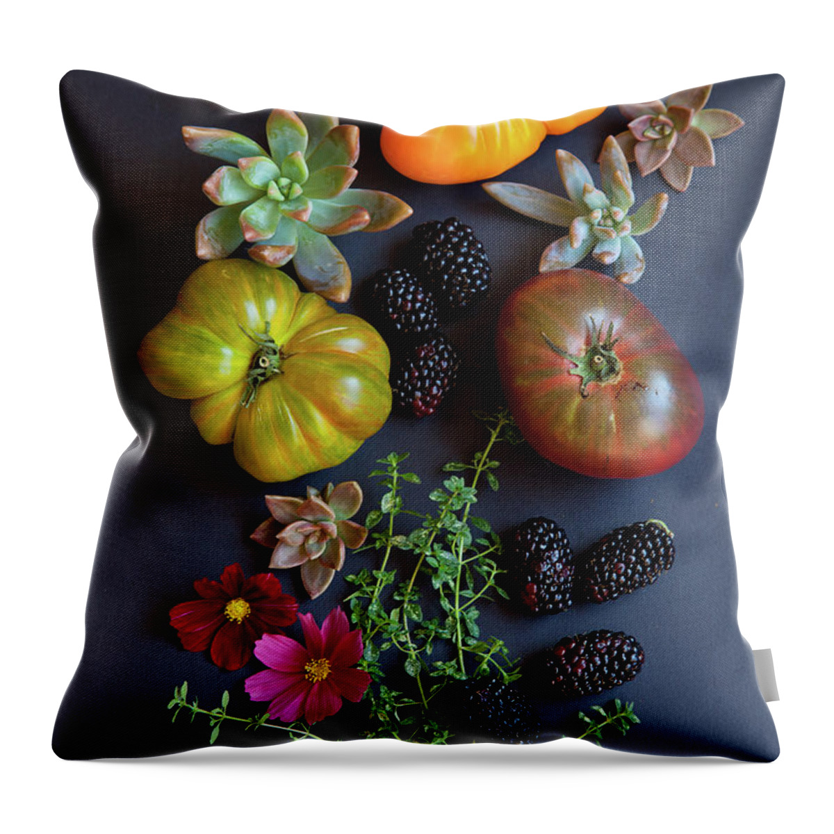 Foothill Ranch Throw Pillow featuring the photograph Heirloom Tomatoes With Herbs, Berries by Beth D. Yeaw