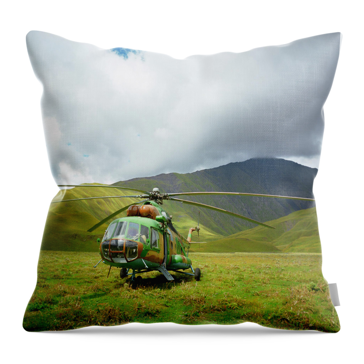 Scenics Throw Pillow featuring the photograph Helicopter In The Mountains Of Tusheti by Silvia Otte