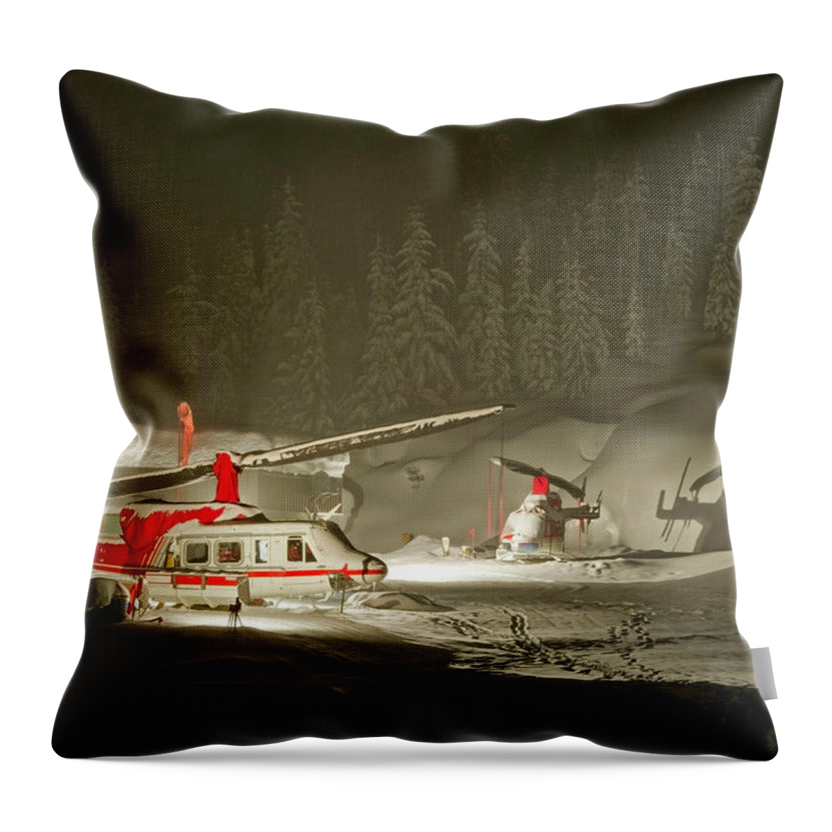 Snow Throw Pillow featuring the photograph Helicopters Used For Heli-skiing Parked by Topher Donahue