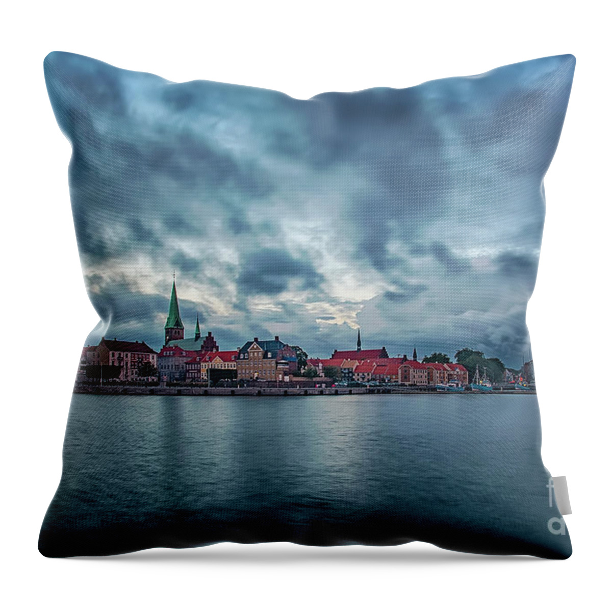 Sunrise Throw Pillow featuring the photograph Helsingor Cityscape Long Exposure by Antony McAulay