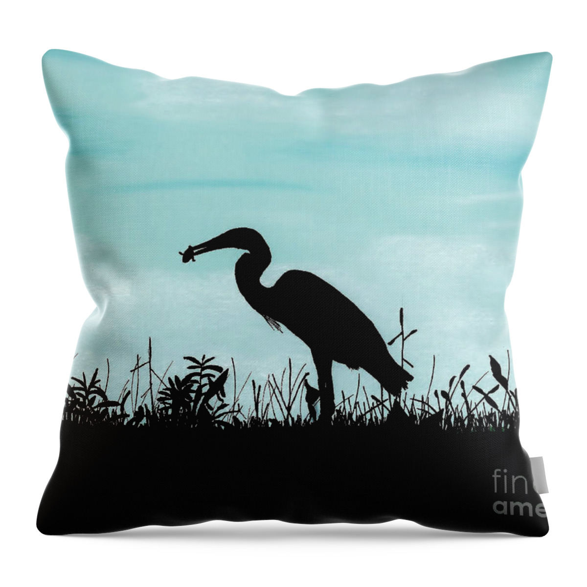Bird Throw Pillow featuring the drawing Heron Has Supper by D Hackett