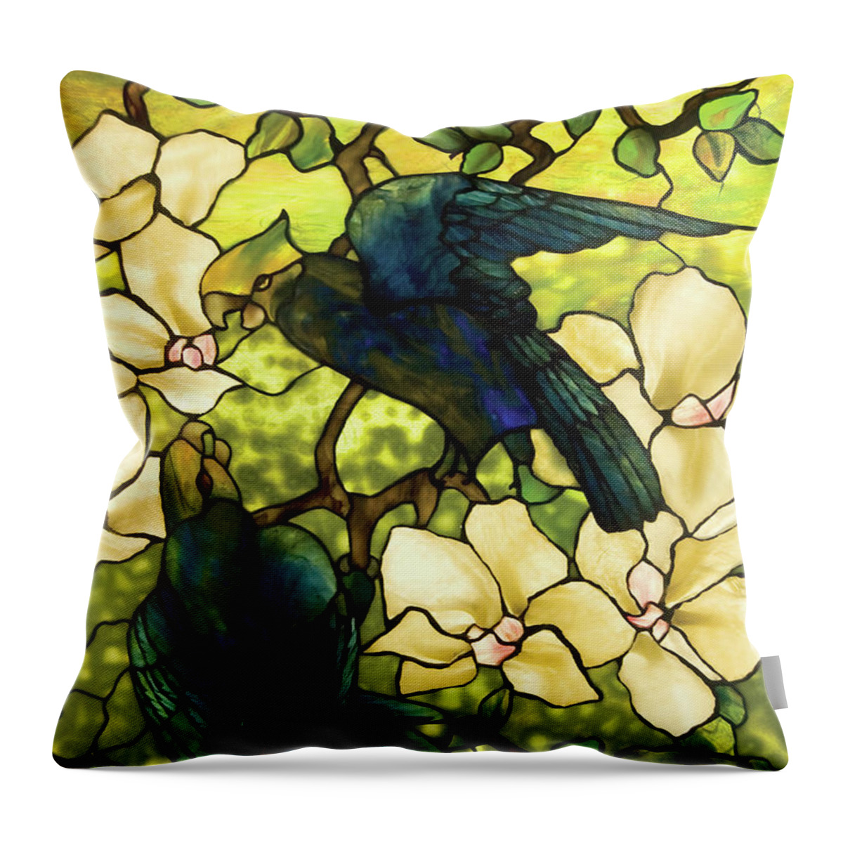 Glass Throw Pillow featuring the painting Hibiscus & Parrots by Louis Comfort Tiffany
