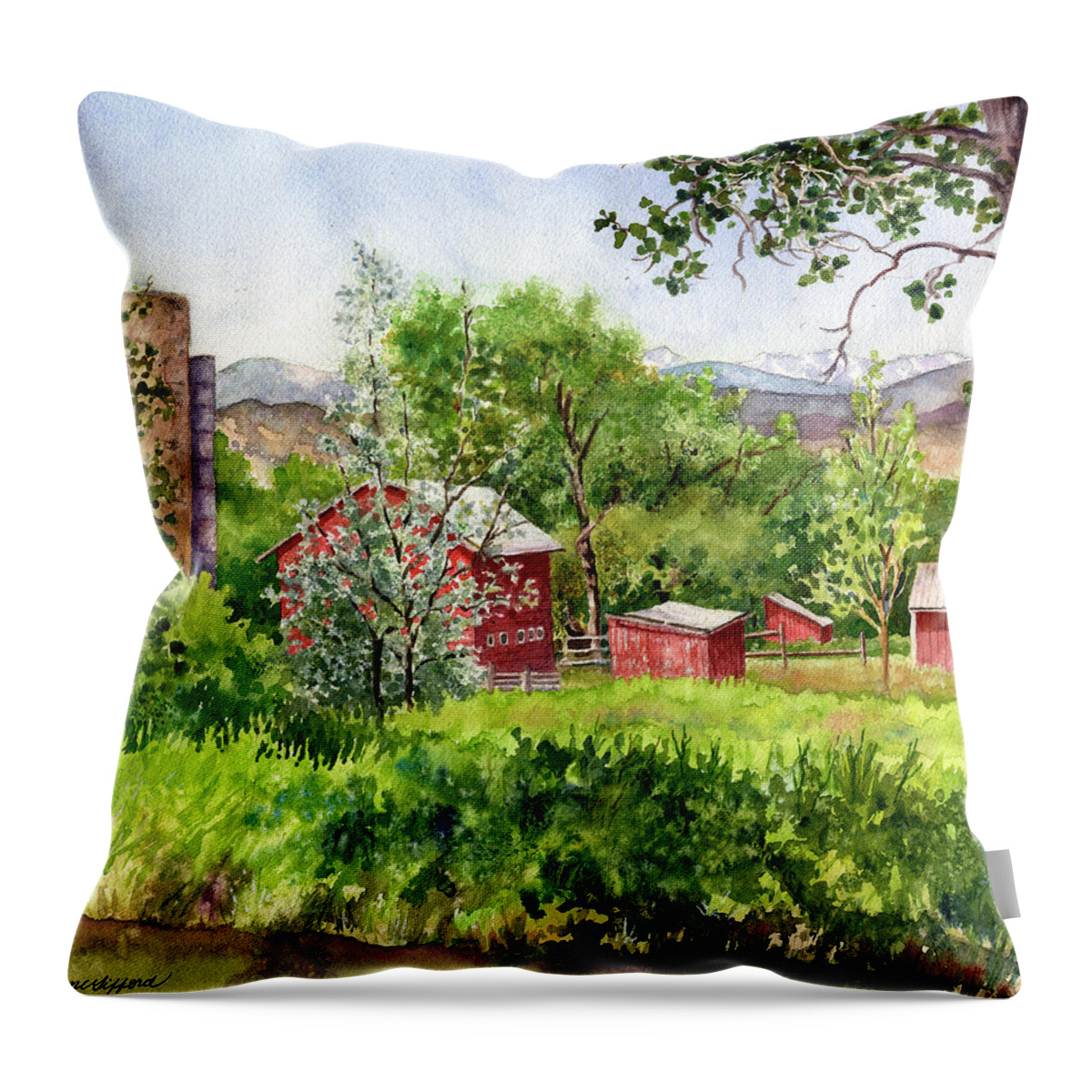 Colorado Rocky Mountains Painting Throw Pillow featuring the painting Hidden Farm by Anne Gifford