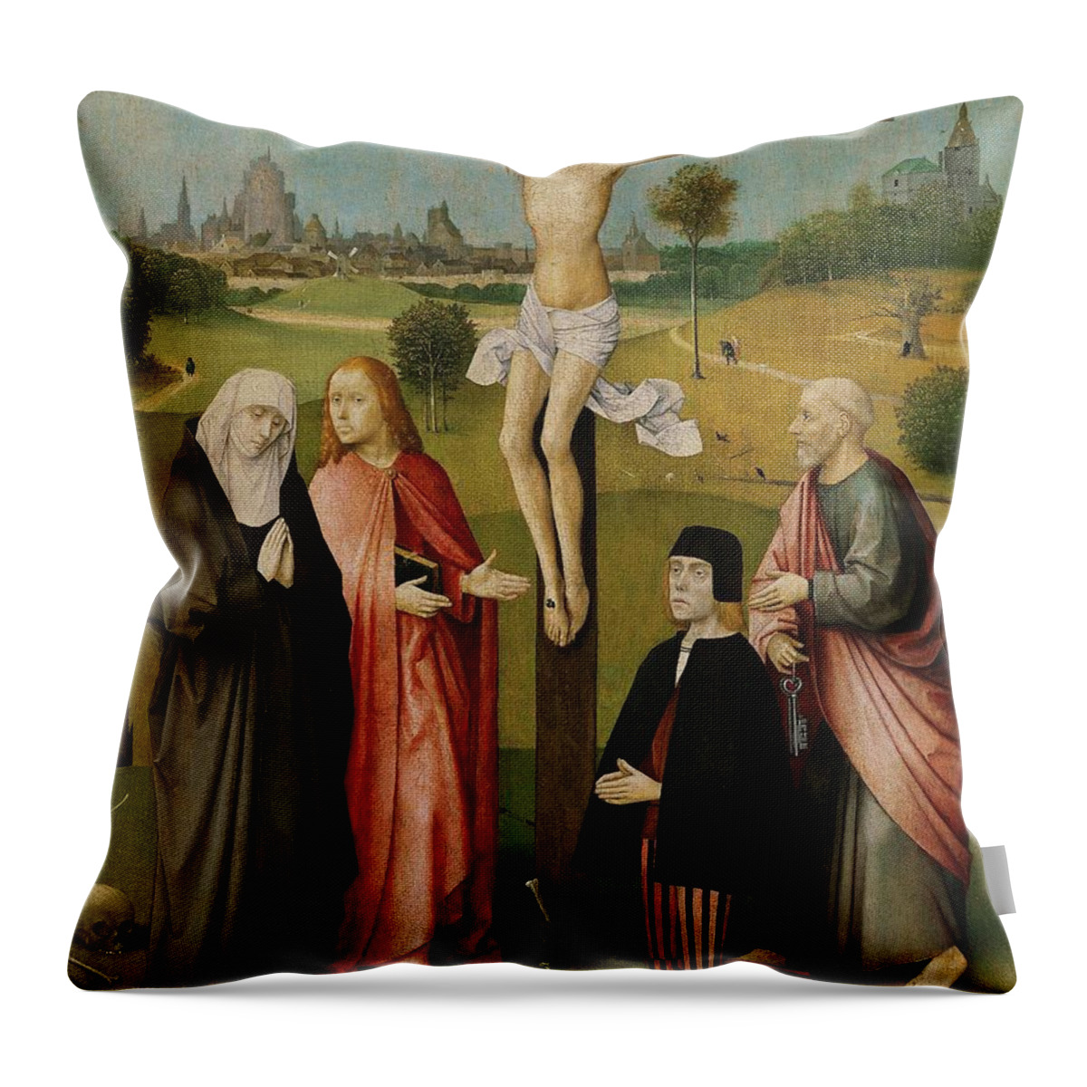 Crucifixion With A Donor Throw Pillow featuring the painting Hieronymus Bosch / 'Crucifixion with a Donor', 1480-1485, Oil on wood, 74.7 x 61 cm. JESUS. by Hieronymus Bosch -c 1450-1516-