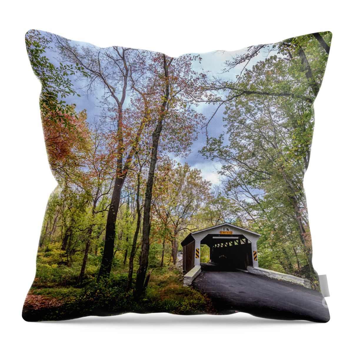 Bridge Throw Pillow featuring the photograph Historic Covered Bridge in rural Pennsylvania during Autumn by Patrick Wolf