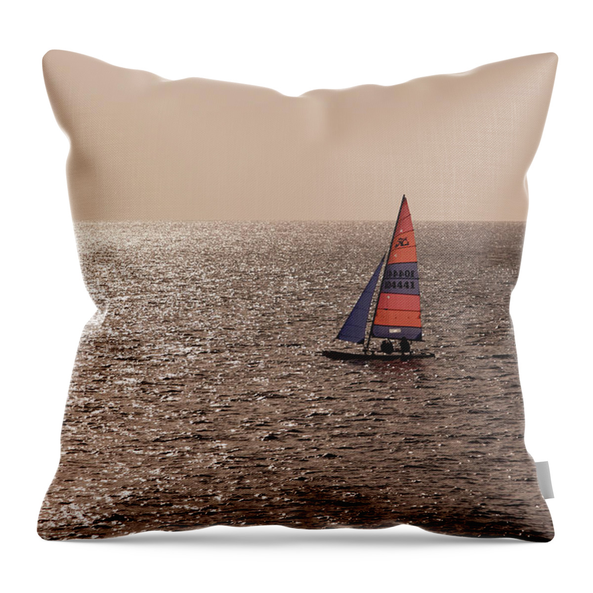 Tranquility Throw Pillow featuring the photograph Hobie Cat Sailboat At Sunset by Holger Leue