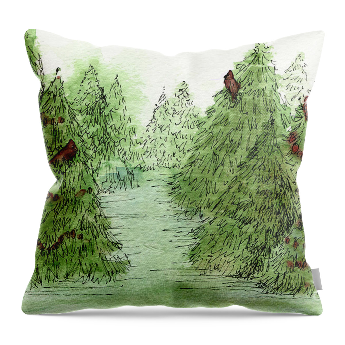 Holiday Trees Throw Pillow featuring the painting Holiday Trees Woodland Landscape Illustration by Laurie Rohner