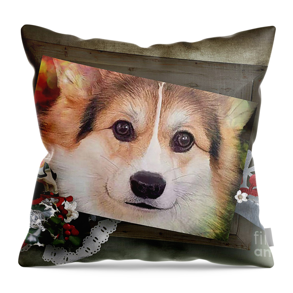 Welsh Corgi Throw Pillow featuring the digital art Holiday Tricolor Corgi by Kathy Kelly